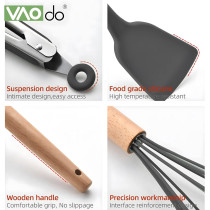 Vaodo Cooking Utensil Set, 11 Pieces Kitchen Cooking Tools With Wood Holder, Collection For Turner Tongs, Spatula, Spoon, Brush, Whisk, Black, 1 Year Warranty