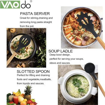 Vaodo Cooking Utensil Set, 11 Pieces Kitchen Cooking Tools With Wood Holder, Collection For Turner Tongs, Spatula, Spoon, Brush, Whisk, Black, 1 Year Warranty