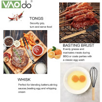 Vaodo Cooking Utensil Set, 11 Pieces Kitchen Cooking Tools With Wood Holder, Collection For Turner Tongs, Spatula, Spoon, Brush, Whisk, Black, 1 Year Warranty