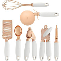 Makingtec 7 Pcs Kitchen Gadget Set Copper Coated Stainless Steel Utensils With Soft Touch White Handles, Cooking Tools Including Garlic Press, Whisk, Ice Cream Scoop, Can Opener, Peeler, Scraper, Pizza Knife, 1 Year Warranty