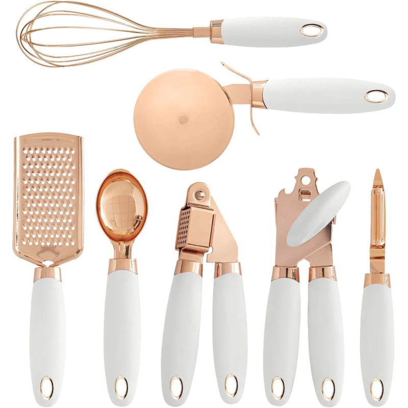 Makingtec 7 Pcs Kitchen Gadget Set Copper Coated Stainless Steel Utensils With Soft Touch White Handles, Cooking Tools Including Garlic Press, Whisk, Ice Cream Scoop, Can Opener, Peeler, Scraper, Pizza Knife, 1 Year Warranty