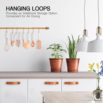 Makingtec 7 Pcs Kitchen Gadget Set Copper Coated Stainless Steel Utensils With Soft Touch White Handles, Cooking Tools Including Garlic Press, Whisk, Ice Cream Scoop, Can Opener, Peeler, Scraper, Pizza Knife, 1 Year Warranty