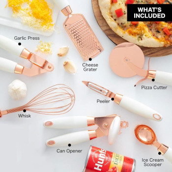 Makingtec 7 Pcs Kitchen Gadget Set Copper Coated Stainless Steel Utensils With Soft Touch White Handles, Cooking Tools Including Garlic Press, Whisk, Ice Cream Scoop, Can Opener, Peeler, Scraper, Pizza Knife, 1 Year Warranty