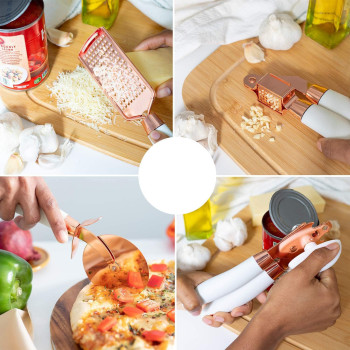 Makingtec 7 Pcs Kitchen Gadget Set Copper Coated Stainless Steel Utensils With Soft Touch White Handles, Cooking Tools Including Garlic Press, Whisk, Ice Cream Scoop, Can Opener, Peeler, Scraper, Pizza Knife, 1 Year Warranty