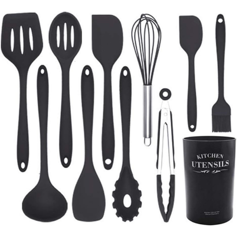 Samwestart 11 Pcs Silicone Cooking Kitchen Utensils Set With Holder Spatula Tool Bpa Free Non Toxic Turner Tongs Spoon Gadgets For Nonstick Heat Resistant Cookware (Black), 1 Year Warranty