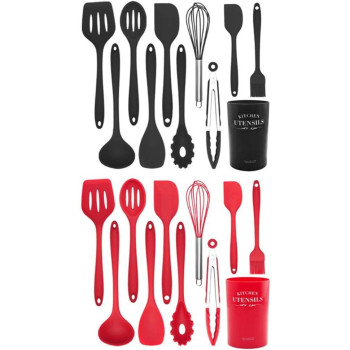 Samwestart 11 Pcs Silicone Cooking Kitchen Utensils Set With Holder Spatula Tool Bpa Free Non Toxic Turner Tongs Spoon Gadgets For Nonstick Heat Resistant Cookware (Black), 1 Year Warranty