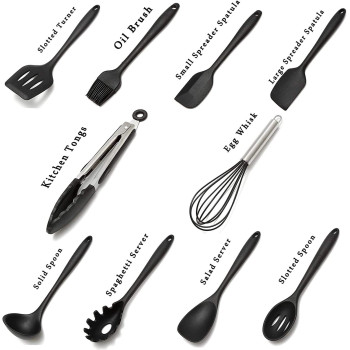 Samwestart 11 Pcs Silicone Cooking Kitchen Utensils Set With Holder Spatula Tool Bpa Free Non Toxic Turner Tongs Spoon Gadgets For Nonstick Heat Resistant Cookware (Black), 1 Year Warranty