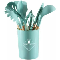 Cooking Utensil Set, 12 Pcs Wooden Handles Non-Stick Heat-Resistant Home Kitchen Spatula Spoon Gadget With Holder For Nonstick Cookware Silicone Spatula Set With Holder For Cooking Baking (Turquoise), 1 Year Warranty