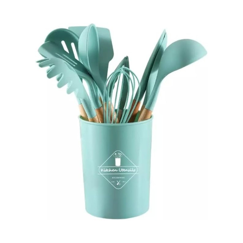 Cooking Utensil Set, 12 Pcs Wooden Handles Non-Stick Heat-Resistant Home Kitchen Spatula Spoon Gadget With Holder For Nonstick Cookware Silicone Spatula Set With Holder For Cooking Baking (Turquoise), 1 Year Warranty