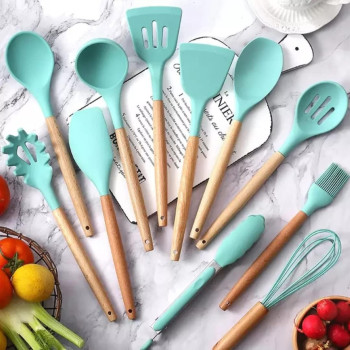 Cooking Utensil Set, 12 Pcs Wooden Handles Non-Stick Heat-Resistant Home Kitchen Spatula Spoon Gadget With Holder For Nonstick Cookware Silicone Spatula Set With Holder For Cooking Baking (Turquoise), 1 Year Warranty