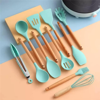 Cooking Utensil Set, 12 Pcs Wooden Handles Non-Stick Heat-Resistant Home Kitchen Spatula Spoon Gadget With Holder For Nonstick Cookware Silicone Spatula Set With Holder For Cooking Baking (Turquoise), 1 Year Warranty