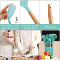 Cooking Utensil Set, 12 Pcs Wooden Handles Non-Stick Heat-Resistant Home Kitchen Spatula Spoon Gadget With Holder For Nonstick Cookware Silicone Spatula Set With Holder For Cooking Baking (Turquoise), 1 Year Warranty