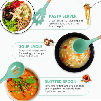 Cooking Utensil Set, 12 Pcs Wooden Handles Non-Stick Heat-Resistant Home Kitchen Spatula Spoon Gadget With Holder For Nonstick Cookware Silicone Spatula Set With Holder For Cooking Baking (Turquoise), 1 Year Warranty