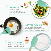 Cooking Utensil Set, 12 Pcs Wooden Handles Non-Stick Heat-Resistant Home Kitchen Spatula Spoon Gadget With Holder For Nonstick Cookware Silicone Spatula Set With Holder For Cooking Baking (Turquoise), 1 Year Warranty