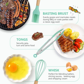 Cooking Utensil Set, 12 Pcs Wooden Handles Non-Stick Heat-Resistant Home Kitchen Spatula Spoon Gadget With Holder For Nonstick Cookware Silicone Spatula Set With Holder For Cooking Baking (Turquoise), 1 Year Warranty