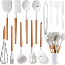 Ceramic Kitchen Cooking Utensils Set, Non-Stick Silicone Utensils Spatula Set With Holder, Wooden Handle Silicone Kitchen Gadgets Utensil Set For Nonstick Cookware (14 Pcs White & Wood), 1 Year Warranty