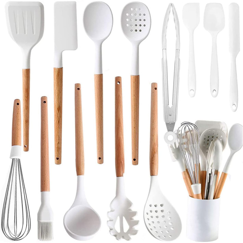 Ceramic Kitchen Cooking Utensils Set, Non-Stick Silicone Utensils Spatula Set With Holder, Wooden Handle Silicone Kitchen Gadgets Utensil Set For Nonstick Cookware (14 Pcs White & Wood), 1 Year Warranty