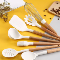 Ceramic Kitchen Cooking Utensils Set, Non-Stick Silicone Utensils Spatula Set With Holder, Wooden Handle Silicone Kitchen Gadgets Utensil Set For Nonstick Cookware (14 Pcs White & Wood), 1 Year Warranty