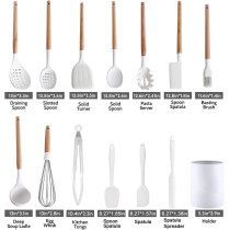 Ceramic Kitchen Cooking Utensils Set, Non-Stick Silicone Utensils Spatula Set With Holder, Wooden Handle Silicone Kitchen Gadgets Utensil Set For Nonstick Cookware (14 Pcs White & Wood), 1 Year Warranty