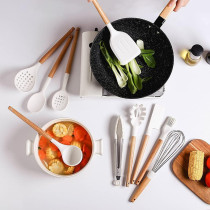 Ceramic Kitchen Cooking Utensils Set, Non-Stick Silicone Utensils Spatula Set With Holder, Wooden Handle Silicone Kitchen Gadgets Utensil Set For Nonstick Cookware (14 Pcs White & Wood), 1 Year Warranty