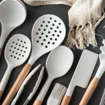 Ceramic Kitchen Cooking Utensils Set, Non-Stick Silicone Utensils Spatula Set With Holder, Wooden Handle Silicone Kitchen Gadgets Utensil Set For Nonstick Cookware (14 Pcs White & Wood), 1 Year Warranty