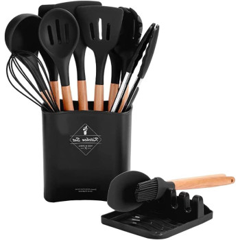 ORiTi Silicone Kitchen Utensils Set 13 Pcs Wooden Handles Spatula Set, Cooking Utensils For Non Stick Pans, Heat Resistant Silicone Spatulas For Cooking Kitchen Gadgets Tools, 1 Year Warranty