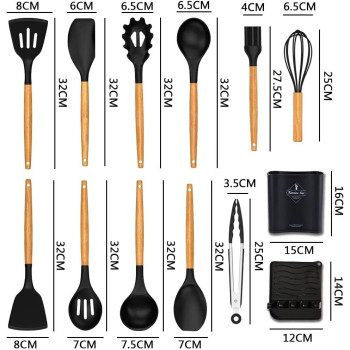 ORiTi Silicone Kitchen Utensils Set 13 Pcs Wooden Handles Spatula Set, Cooking Utensils For Non Stick Pans, Heat Resistant Silicone Spatulas For Cooking Kitchen Gadgets Tools, 1 Year Warranty