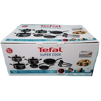 Tefal Super Cook Non-Stick 12 Pcs Cooking Set, Black, Aluminium, B143SC86, 1 Year Warranty