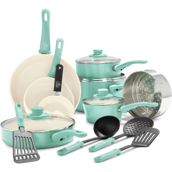 GreenLife Soft Grip Healthy Ceramic Nonstick, Cookware Pots And Pans Set, 16 Piece, Turquoise, 1 Year Warranty