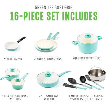 GreenLife Soft Grip Healthy Ceramic Nonstick, Cookware Pots And Pans Set, 16 Piece, Turquoise, 1 Year Warranty