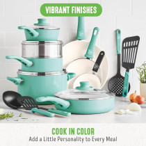 GreenLife Soft Grip Healthy Ceramic Nonstick, Cookware Pots And Pans Set, 16 Piece, Turquoise, 1 Year Warranty