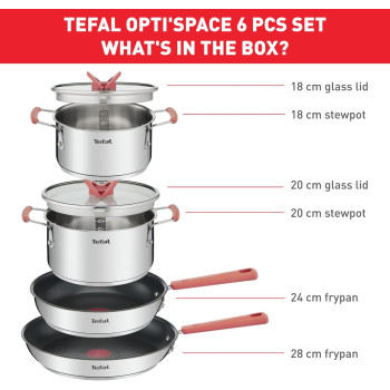 Tefal Opti'Space 6-Piece Cookware Set, Stewpots 18/20Cm +Lids, Frypans 24/28Cm, Premium-Quality Stainless Steel, 10-Year Guarantee, Ultra Versatile, Non-Slip Stay-Cool Handles, Induction, G720S604, 1 Year Warranty