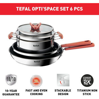 Tefal Opti'Space 6-Piece Cookware Set, Stewpots 18/20Cm +Lids, Frypans 24/28Cm, Premium-Quality Stainless Steel, 10-Year Guarantee, Ultra Versatile, Non-Slip Stay-Cool Handles, Induction, G720S604, 1 Year Warranty