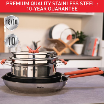 Tefal Opti'Space 6-Piece Cookware Set, Stewpots 18/20Cm +Lids, Frypans 24/28Cm, Premium-Quality Stainless Steel, 10-Year Guarantee, Ultra Versatile, Non-Slip Stay-Cool Handles, Induction, G720S604, 1 Year Warranty