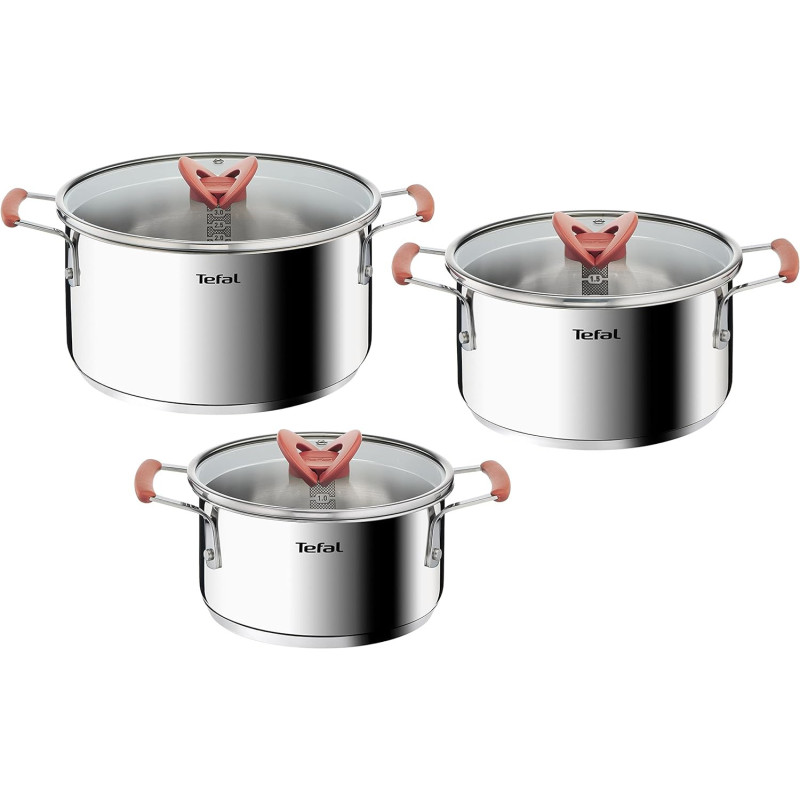 Tefal Opti'Space 6-Piece Cookware Set, Stewpots With Lids (18/20/24 Cm), Space Saving, Neat Storage, Premium-Quality Stainless Steel, 10-Year Guarantee, Ultra Versatile, Induction Pots, G720S674, 1 Year Warranty