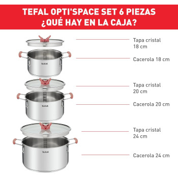 Tefal Opti'Space 6-Piece Cookware Set, Stewpots With Lids (18/20/24 Cm), Space Saving, Neat Storage, Premium-Quality Stainless Steel, 10-Year Guarantee, Ultra Versatile, Induction Pots, G720S674, 1 Year Warranty