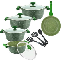 Prestige Essentials Granite 12 Piece Non-Stick Cast Aluminium Cookware Sets, Induction Base, Non Stick Aluminium, Granite Casserole, Granite Fry Pan - Green, 1 Year Warranty