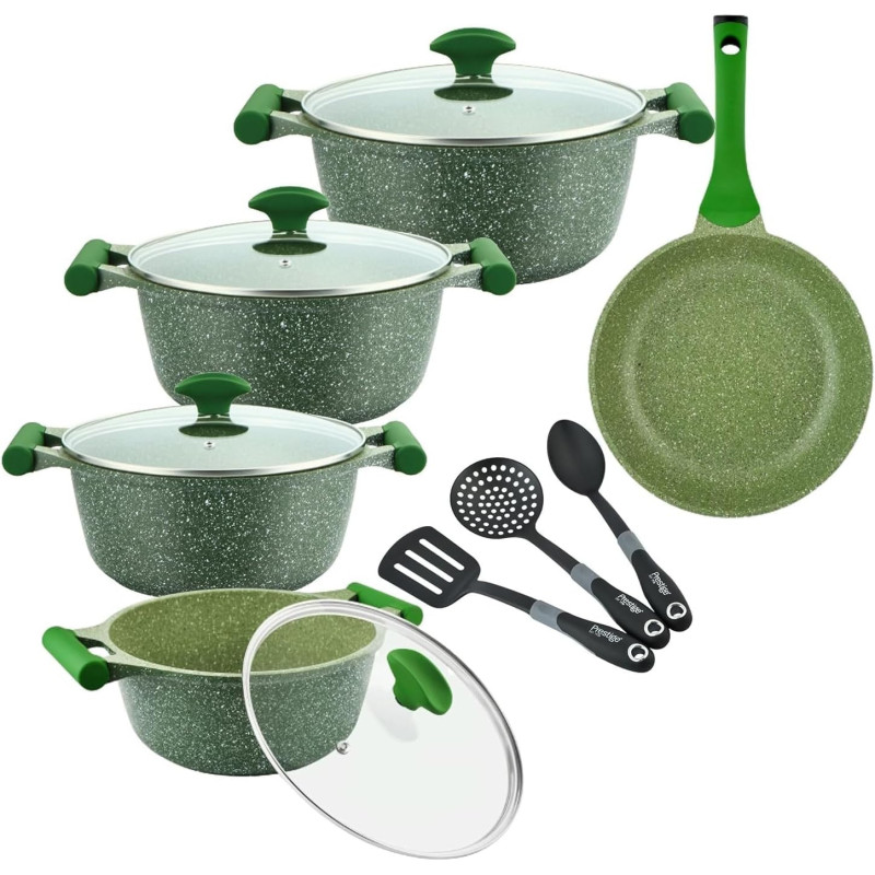 Prestige Essentials Granite 12 Piece Non-Stick Cast Aluminium Cookware Sets, Induction Base, Non Stick Aluminium, Granite Casserole, Granite Fry Pan - Green, 1 Year Warranty