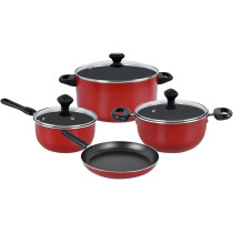 Prestige 7 Piece Non-Stick Cast Aluminium Cookware Sets, Non Stick Aluminium, Casserole, Sauce Pan, Fry Pan - Red, 1 Year Warranty