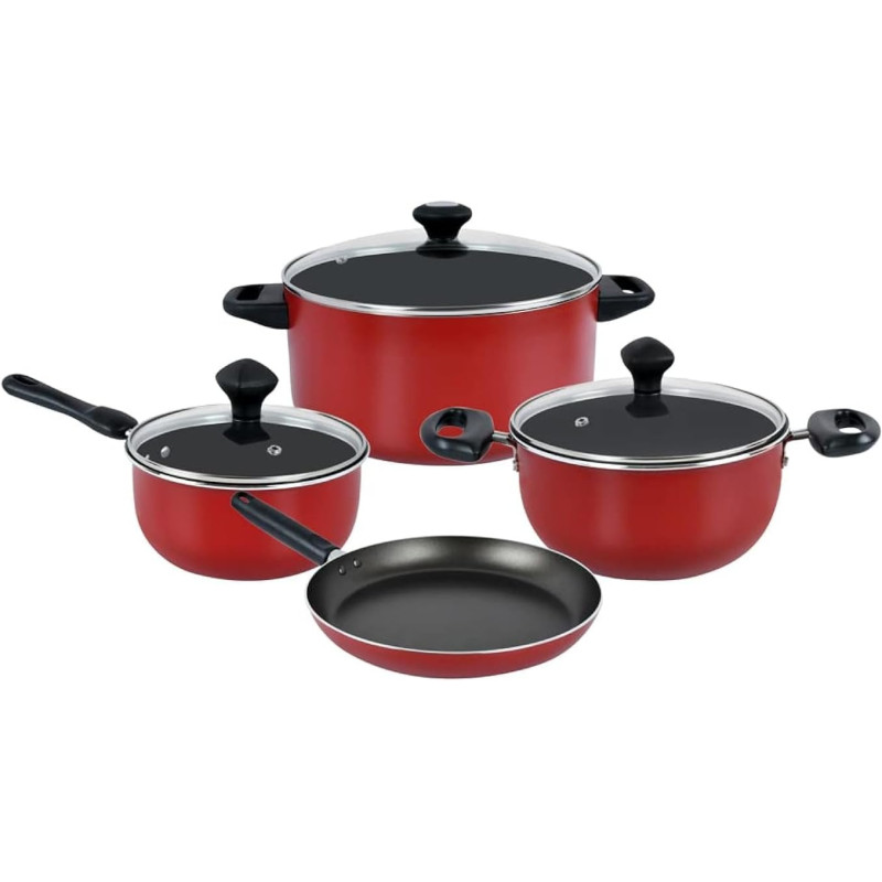 Prestige 7 Piece Non-Stick Cast Aluminium Cookware Sets, Non Stick Aluminium, Casserole, Sauce Pan, Fry Pan - Red, 1 Year Warranty