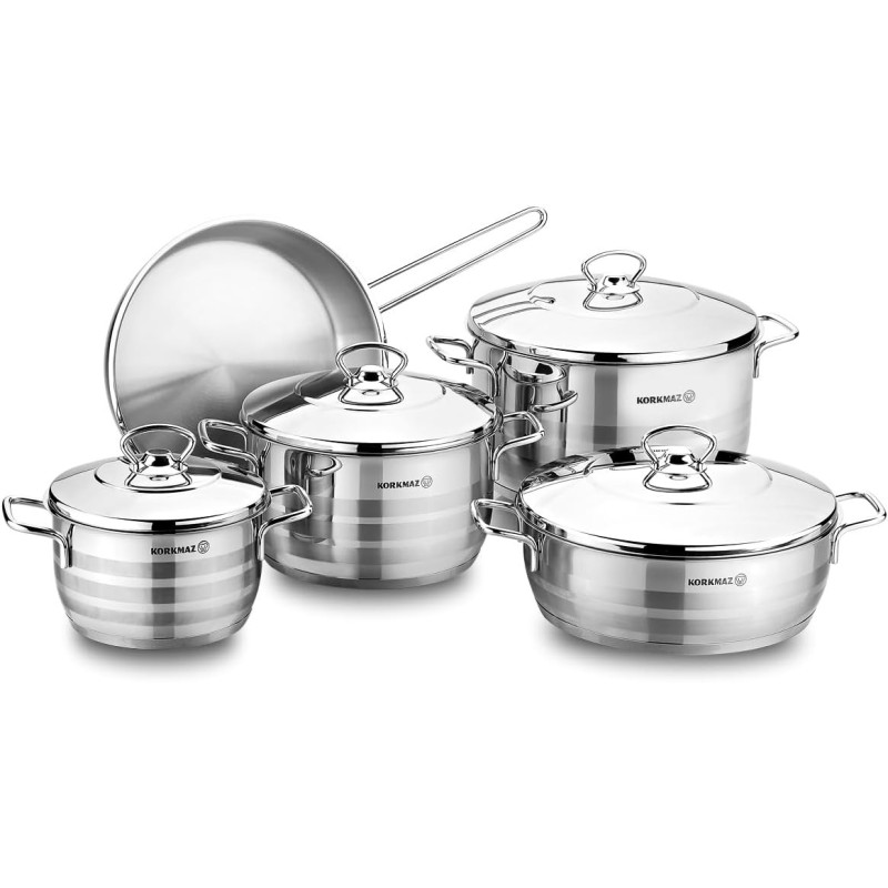 Korkmaz Astra 9 Pieces Stainless Steel Set, Induction Base Cookware Pots And Pans Set, 1 Year Warranty