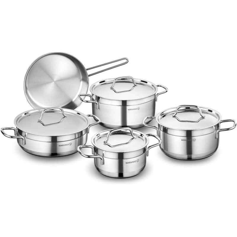 Korkmaz Alfa 9 Pieces Stainless Steel Cookware Set, Induction Base Cookware Pots And Pans Set, 1 Year Warranty