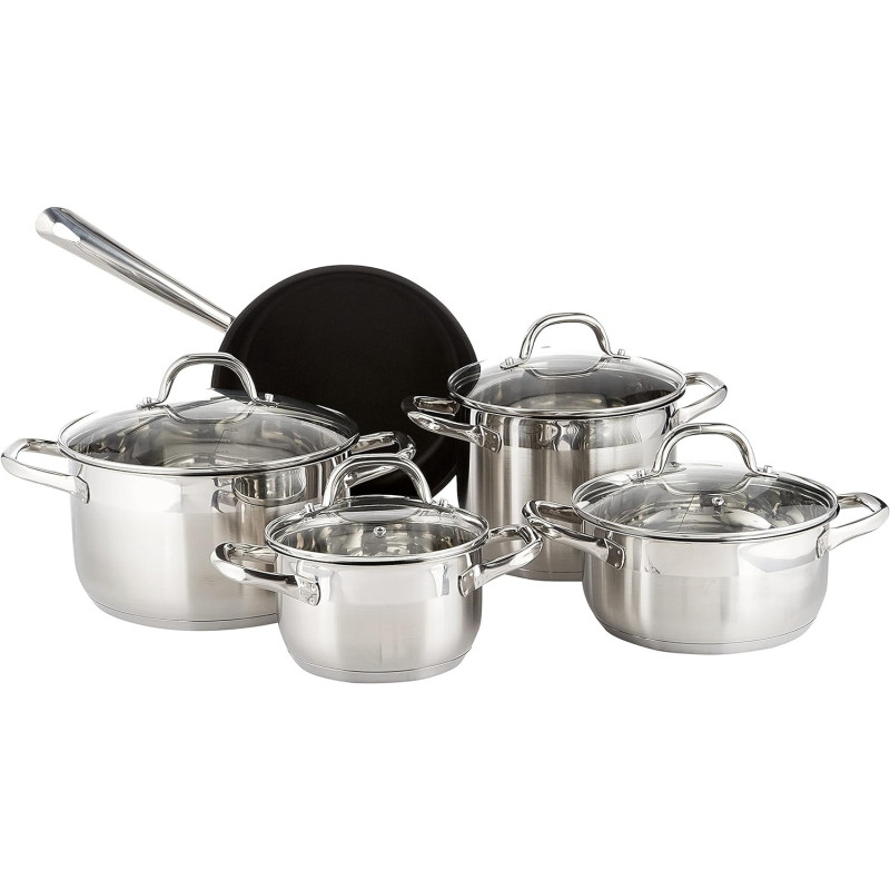 Bergner BG4391 9 Piece Gourmet Stainless Steel Cookware Set, Induction, Silver, 18/10, 1 Year Warranty