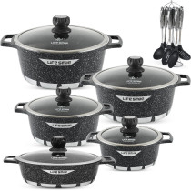 Life Smile Cookware Set Granite Stone - Life Smile Pots And Pans Set Multi Layer Granite Non Stick Coating Cookware Sets 100% Pfoa Free, Kitchenware Cooking Sets And Frying Pans (Black, 17 Pieces), 1 Year Warranty