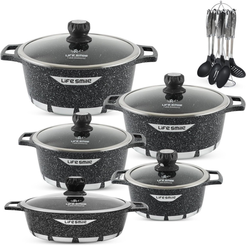 Life Smile Cookware Set Granite Stone - Life Smile Pots And Pans Set Multi Layer Granite Non Stick Coating Cookware Sets 100% Pfoa Free, Kitchenware Cooking Sets And Frying Pans (Black, 17 Pieces), 1 Year Warranty