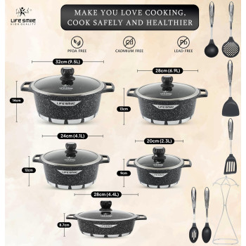 Life Smile Cookware Set Granite Stone - Life Smile Pots And Pans Set Multi Layer Granite Non Stick Coating Cookware Sets 100% Pfoa Free, Kitchenware Cooking Sets And Frying Pans (Black, 17 Pieces), 1 Year Warranty