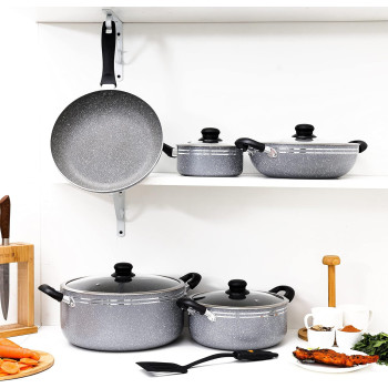 Delcasa Non-Stick Cookware Set With Granite Coating, Dc1889, Aluminium Body, Tempered Glass Lid, Bakelite Handle, Dishwasher-Safe, 1 Year Warranty