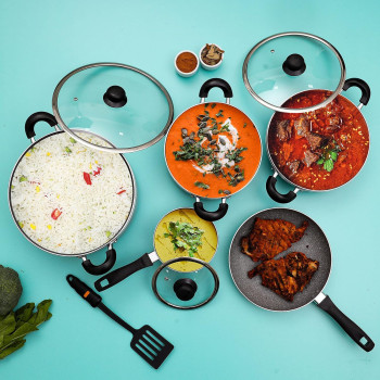 Delcasa Non-Stick Cookware Set With Granite Coating, Dc1889, Aluminium Body, Tempered Glass Lid, Bakelite Handle, Dishwasher-Safe, 1 Year Warranty