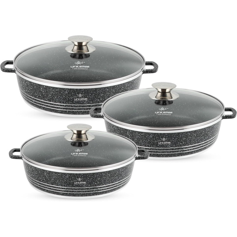 Life Smile Life Smile Shallow Pots Set With Lid, 24 Cm, 28 Cm, 32 Cm, Non Stick Pfoa Free Granite Coating Frying Pans Set, Oven Safe, Hand Wash Only (Black), 1 Year Warranty