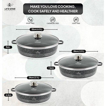 Life Smile Life Smile Shallow Pots Set With Lid, 24 Cm, 28 Cm, 32 Cm, Non Stick Pfoa Free Granite Coating Frying Pans Set, Oven Safe, Hand Wash Only (Black), 1 Year Warranty